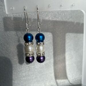 Handmade blue, white, purple, dangle earrings‎
